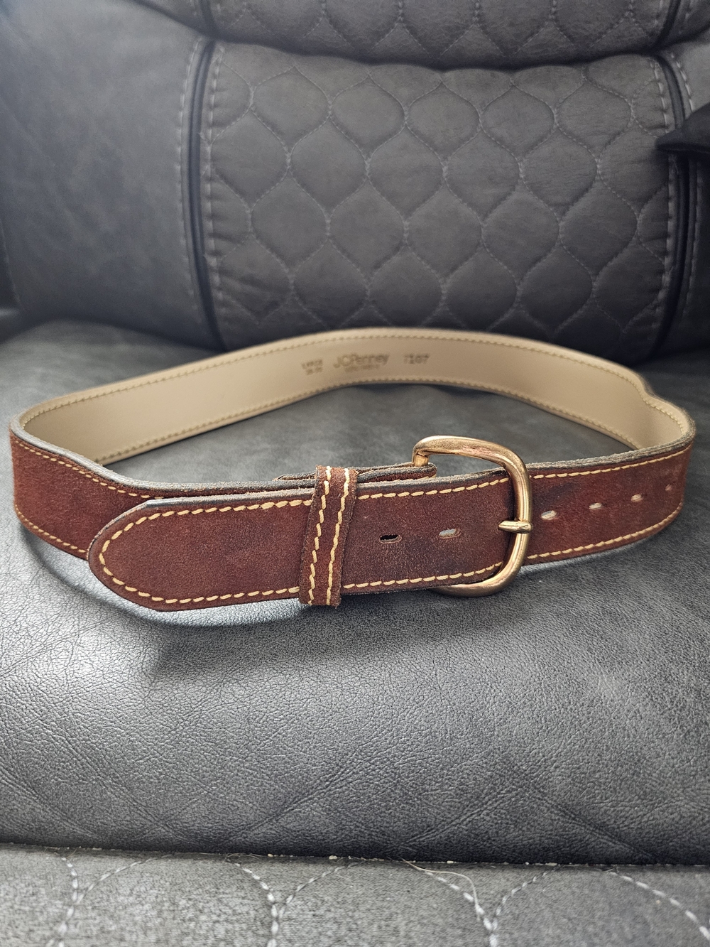Vintage 1970s JCPenney Genuine Split Cowhide Brown Leather Belt Brass Buckle